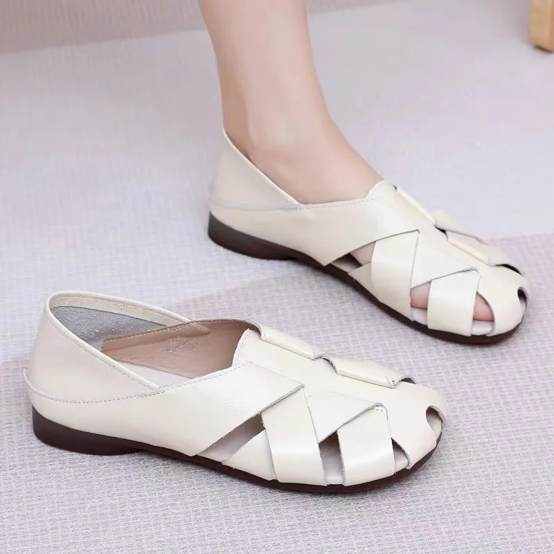 New roman boat shoes women's cowhide leather flats lazy shoes woman woven loafers wide fit autumn flat driving shoes lady flats