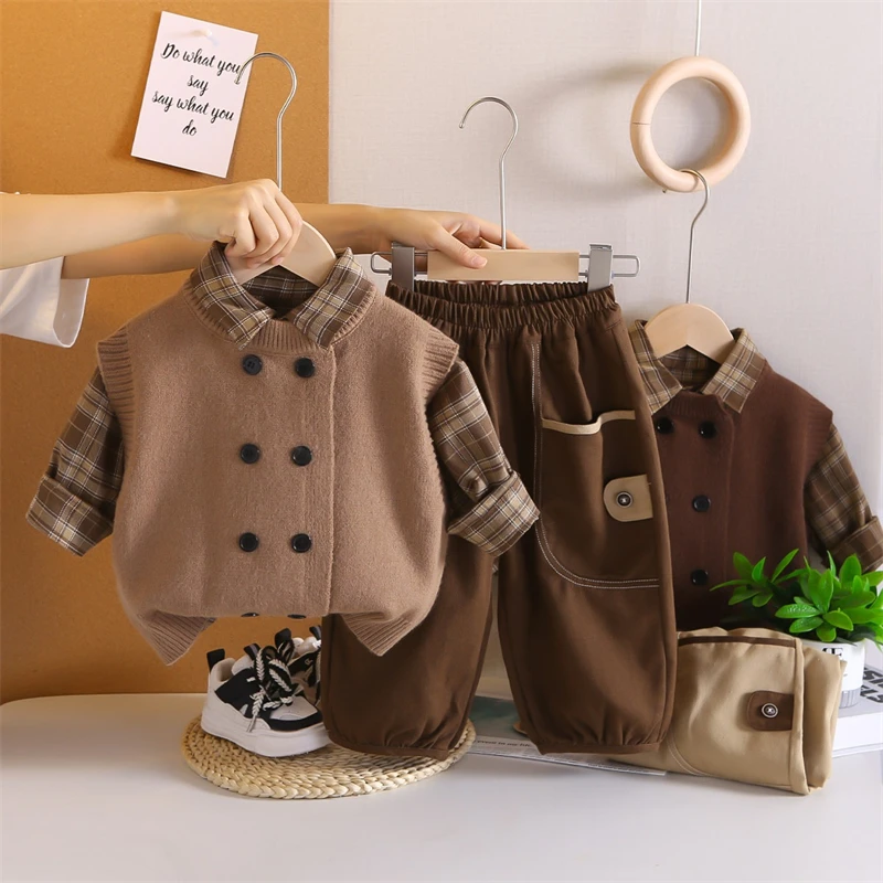 Baby Boys Clothing Sets Children Vest Plaid Shirt Pants 3-piece Set Toddler Infant Clothes Outfits Kids Casual Sportswear
