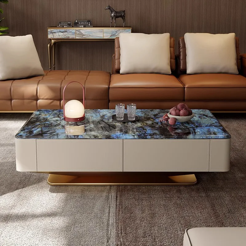 طراز إيطالي، رخام طبيعي، طاولة قهوة، سرج جلد، منزلي، حجر كريستالات دقيقة