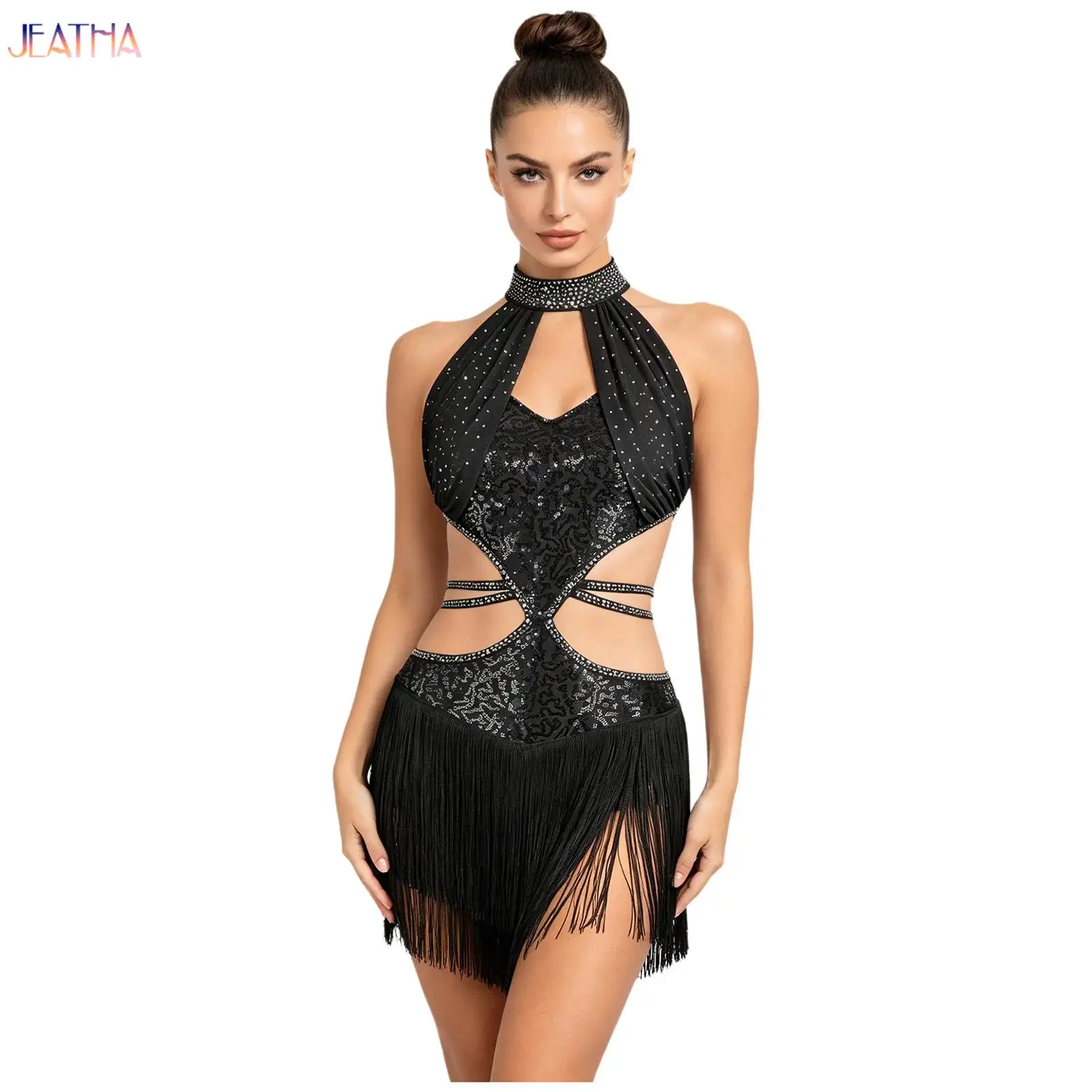 

Women Latin Cha-cha Dance Stage Performance Tassel Leotard Sequins Cutout Lyrical Latin Samba Rumba Dance Bodysuit Dress Clothes