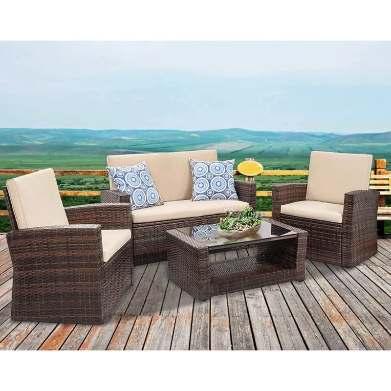 Patio Furniture Sets 4 Piece Rattan Chair Patio Sofas Wicker Sectional Sofa Outdoor Conversation (Brown and Tan)