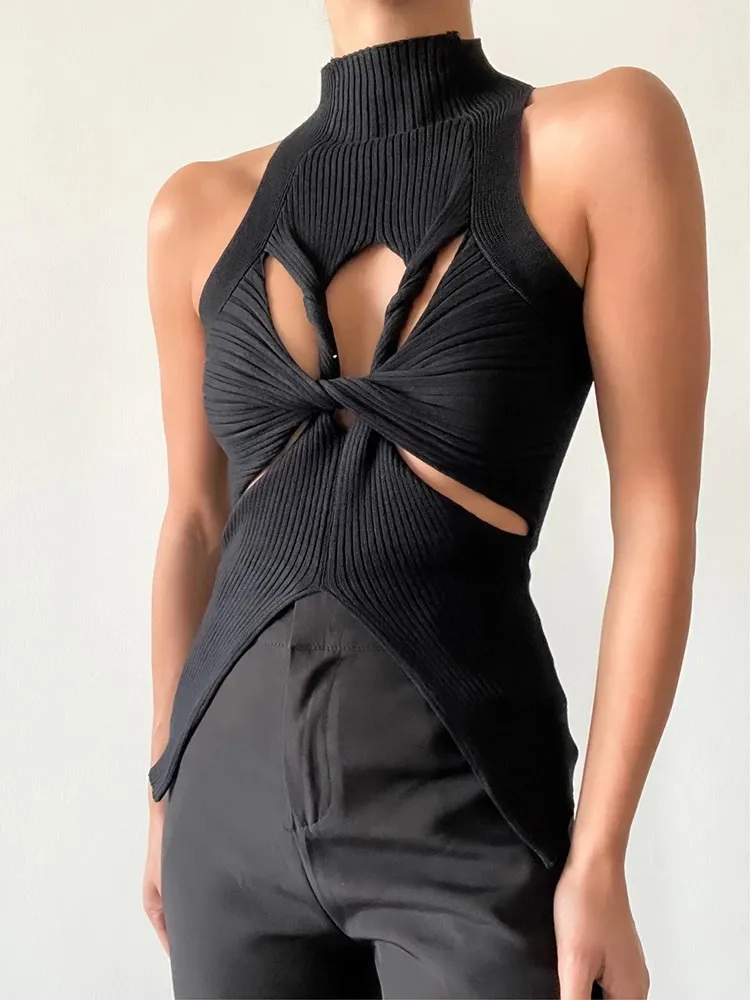 VGH Fashion minimalistyczny wydrążony podkoszulki jednolita seksowna dla kobiet z kołnierzem bez rękawów nieregularny bezrękawnik kobiet nowy