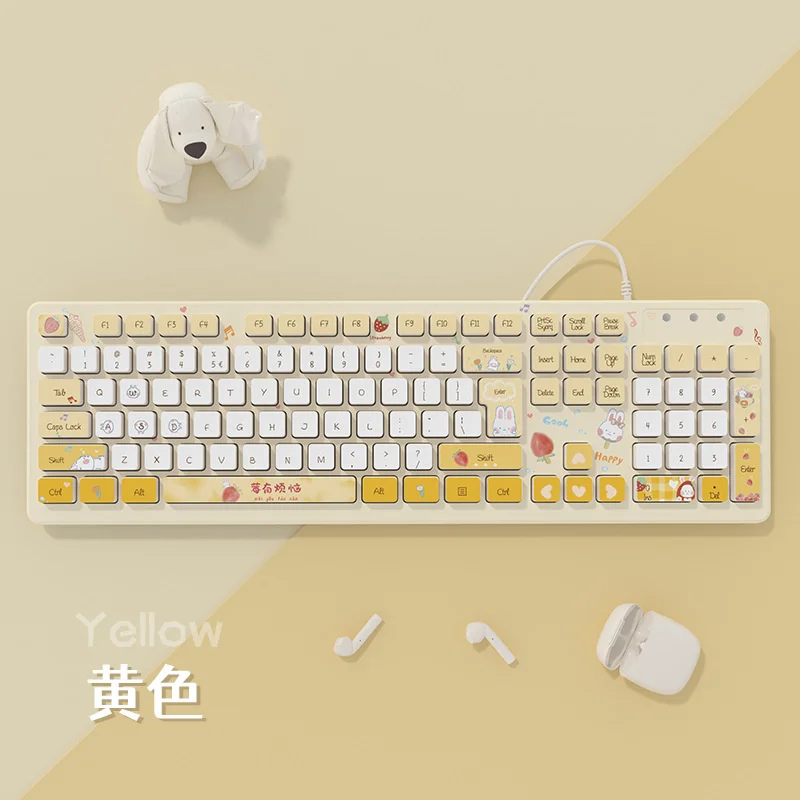 Kawaii Wired Keyboards Pink Wireless Keyboard Gaming Accessories Cartoon Cute Chocolate Mute Keyboard Notebook Desktop Computer