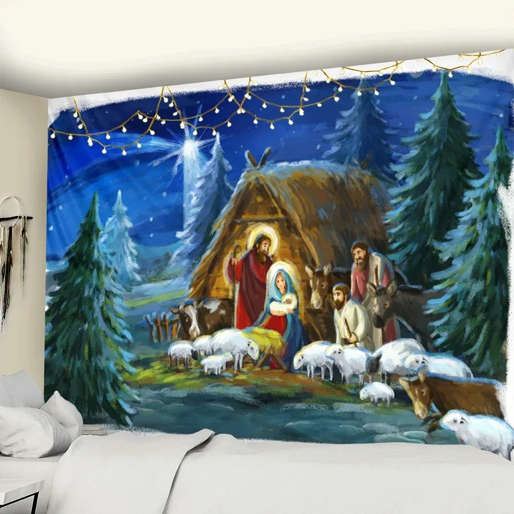 House Tapestry Ice and Snow Style Wall Hanging Merry Christmas Tapestry Village Wooden for Home Hand Wash Woven 100% Polyester