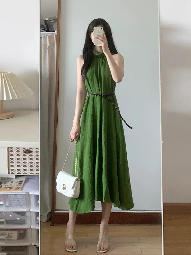 

New Solid Color Simple Basic Women Dress Summer Green Halter Sleeveless Dresses Female Sweet Elegant Ladies Fashion Woman Dress