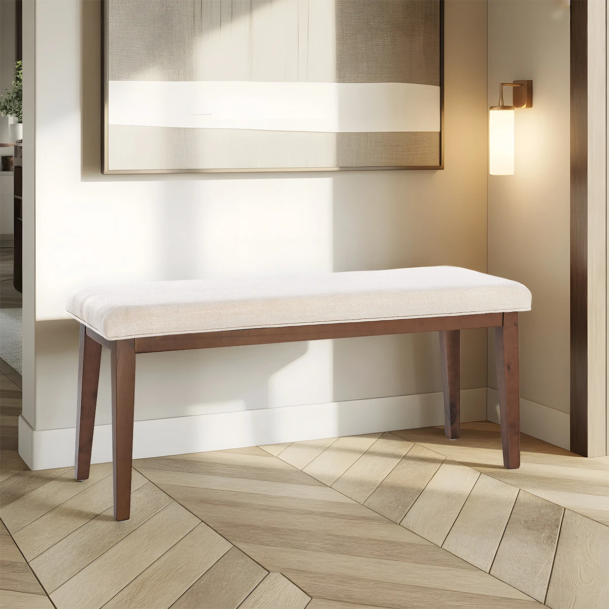 مقعد منجد من الكتان الحديث - مقعد غرفة نوم مقاس 42.5 بوصة لنهاية السرير، مقعد مدخل بأرجل خشبية صلبة، للممر #1