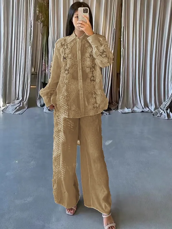 

Spring Summer Heavy Embroidery Lace Patchwork Casual irt Top Elastic Wide Leg Pants Set Faionable Australian Brand Women'...