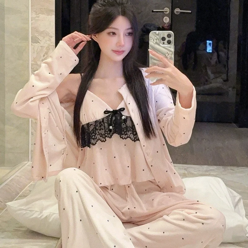 

Island Velvet Pajamas 3-piece Women's Spring and Autumn Slips Sexy Lace Home Clothes Casual Set Pajamas