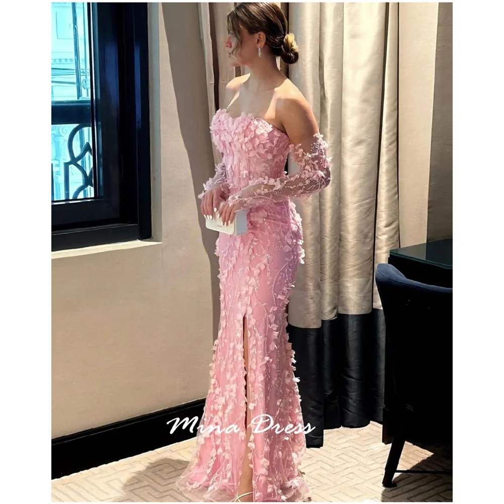 

Mina Beads Prom Dresses Luxury Women Evening Dress Customized 3D Flowers Simple and Elegant Formal Dress Back-length Party Woman