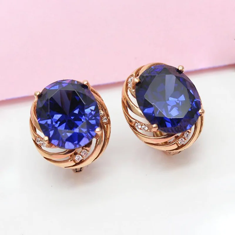 585 Purple Gold Circular Classics Earrings for Women  Plated 14K Rose Gold Inlaid Blue Gemstone Earings Stud Banquet Jewelry