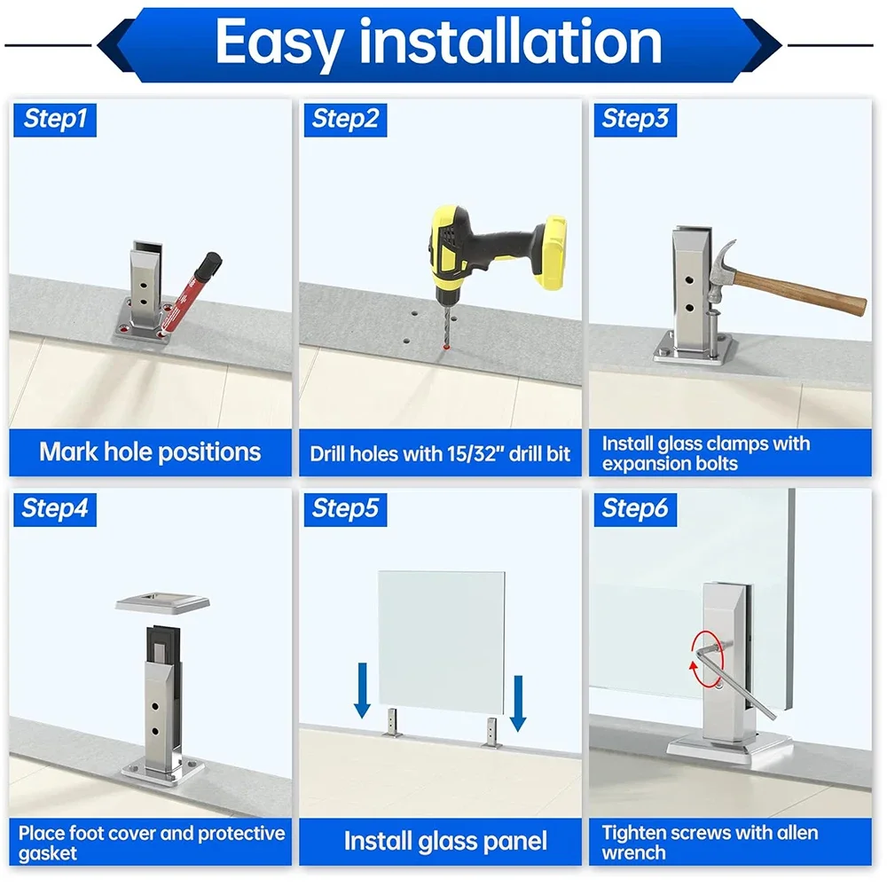 1Pack Brushed Glass Railing Spigot Clamp Rectangle Stainless Steel Polish Bracket For Glass Thickness 5/16''-7/16''(8mm-13mm)