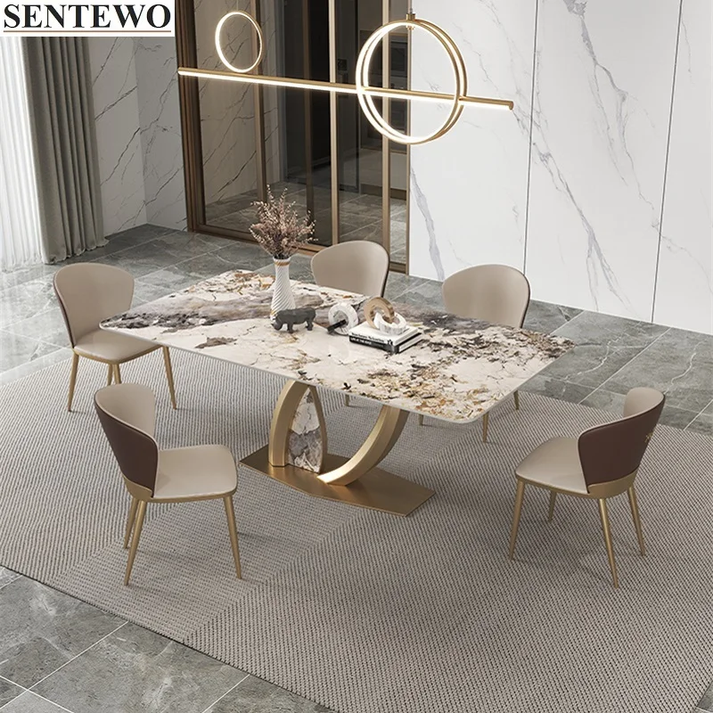 Luxury Rock Slab Kitchen Dining Table Dinner Chairs Set Stainless Steel Gold Frame Faux Marble Table Furniture Meuble De Cuisine