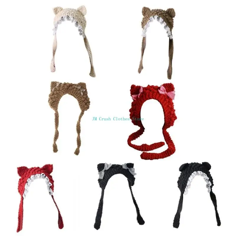 

K1ME Kids Girl Knitted Caps with Cartoon Animal Ears Beanie Winter Warm Knitting Hat Knit Hat Lace Trim for Teen Girls