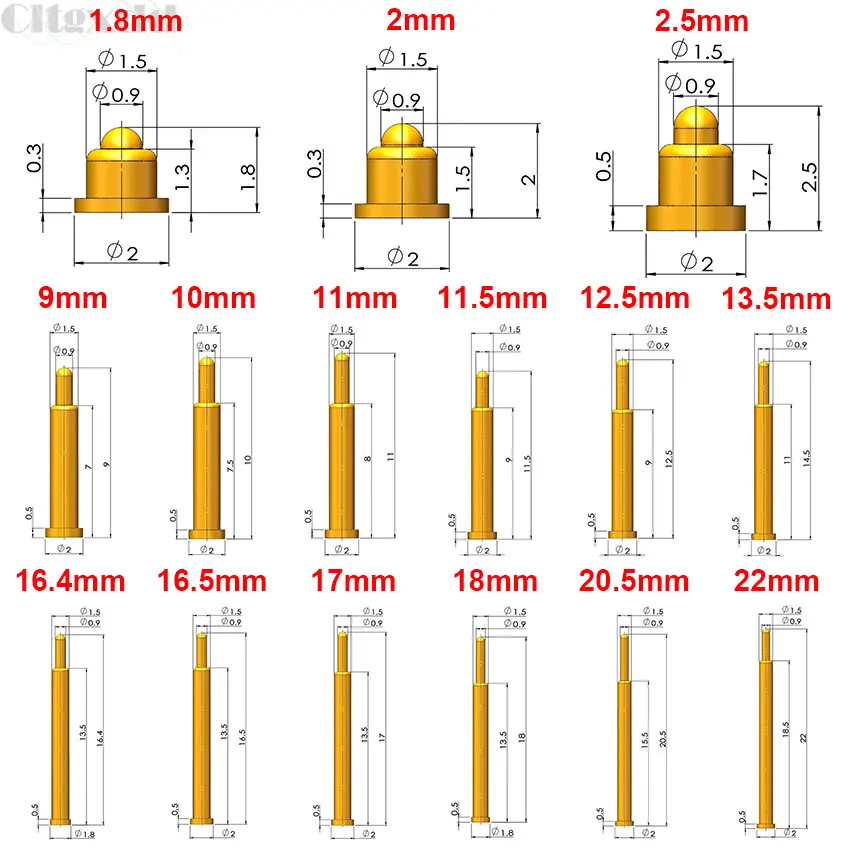 5Pcs Battery Spring Loaded Pogo Pin Connector SMD Needle PCB Height 2 3 4 5 6 7 8 9 10 11 12 13 14 16 17 18 22 MM Test Probe