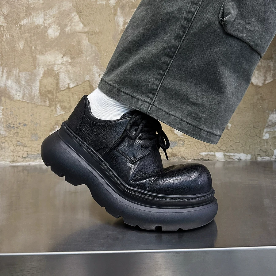 Derby Shoes for Men Distressed Leather Round Toe Chunky Tank Sole Lace Up 7cm Height Increasing Retro Street Footwear