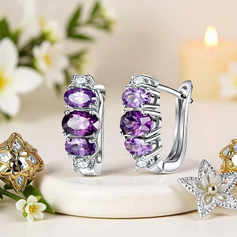 

Стильные серьги-кольца из стерлингового серебра 925 пробы с геометрическим фиолетовым кубическим цирконием и кристаллами для женщин, юбилейная вечеринка, модные ювелирные изделия, подарок