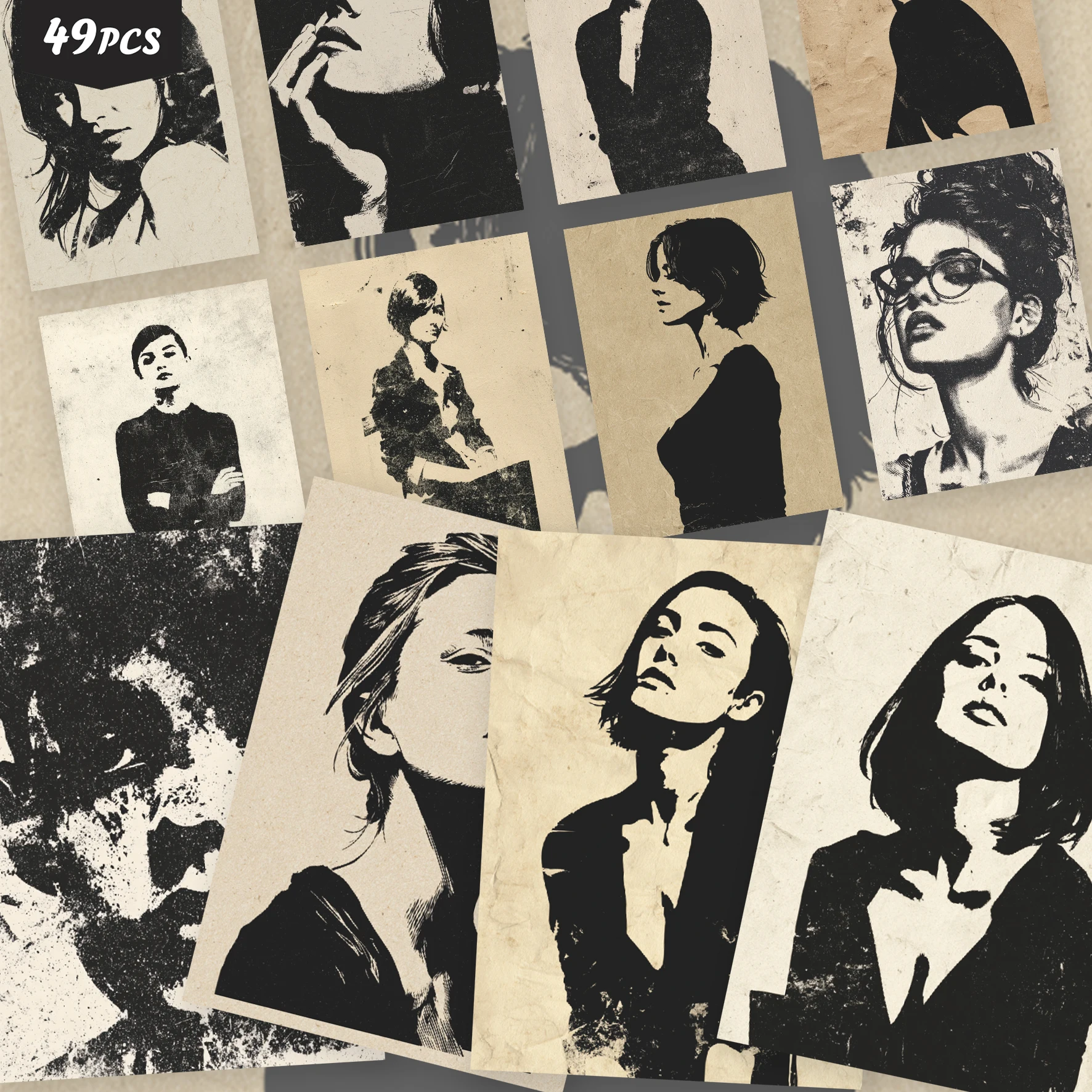 49PCS Black White Art Portrait Cutout Stickers for laptops, Vintage Women Sketch, Ideal for Journaling & Handmade Card Making