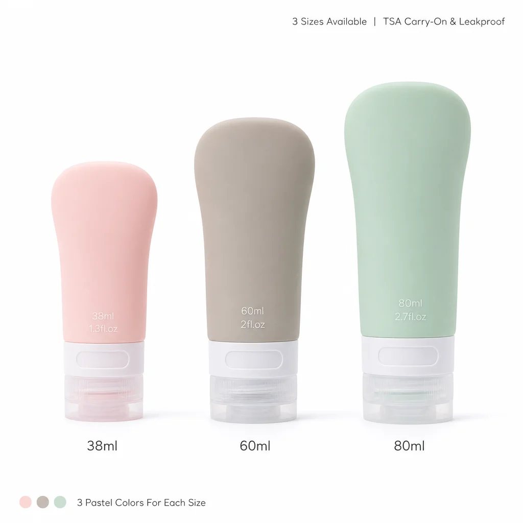 BPA Free Silicone Travel Bottle 38/60/80ml Leak Proof Flip Cap Refillable Liquid Container For Travel Shampoo Shower Gel