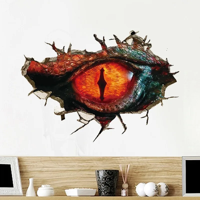 3D Great Dragon Big Eyes Broken Wall Hole Art Vinyl Stickers to Find Jurassic Dinosaur World for Home Decoration Aesthetic Rooms