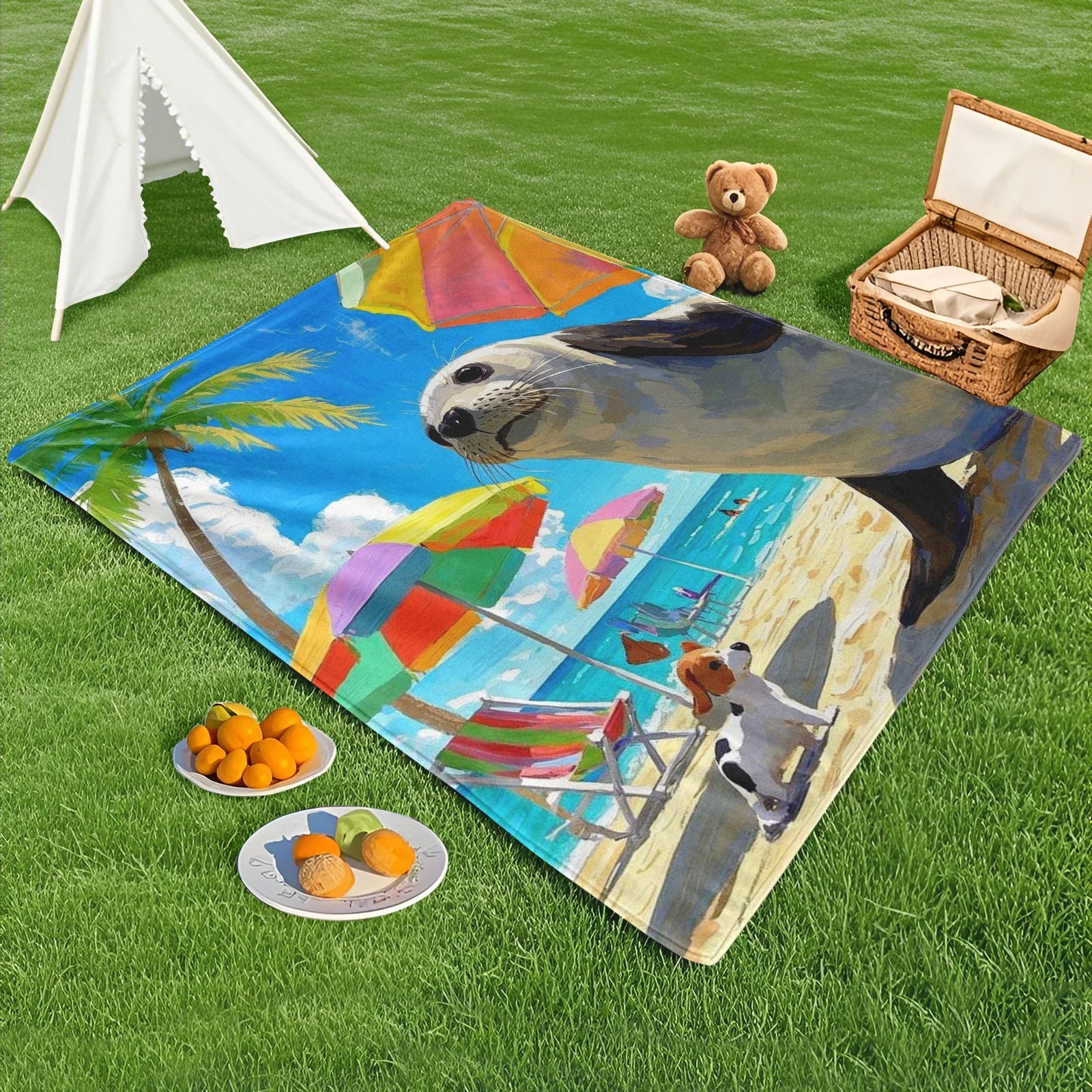 Seal Beach Scene With Umbrella Palm Trees Ocean And Puppy Design Outdoor Blanket For Coastal Adventures And Pet Friendly Outings