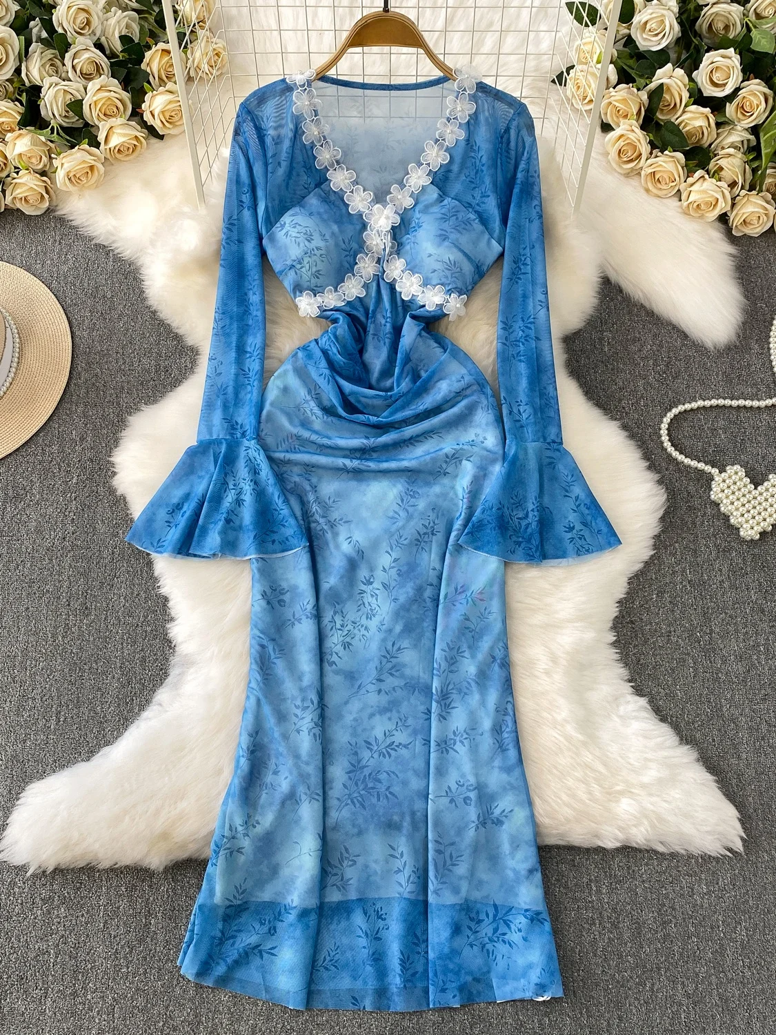 Ele v-ne Bell Sve imprimé Long Dr femme automne taille cintrée florale Nailhead Dr Faionable trajet Sle