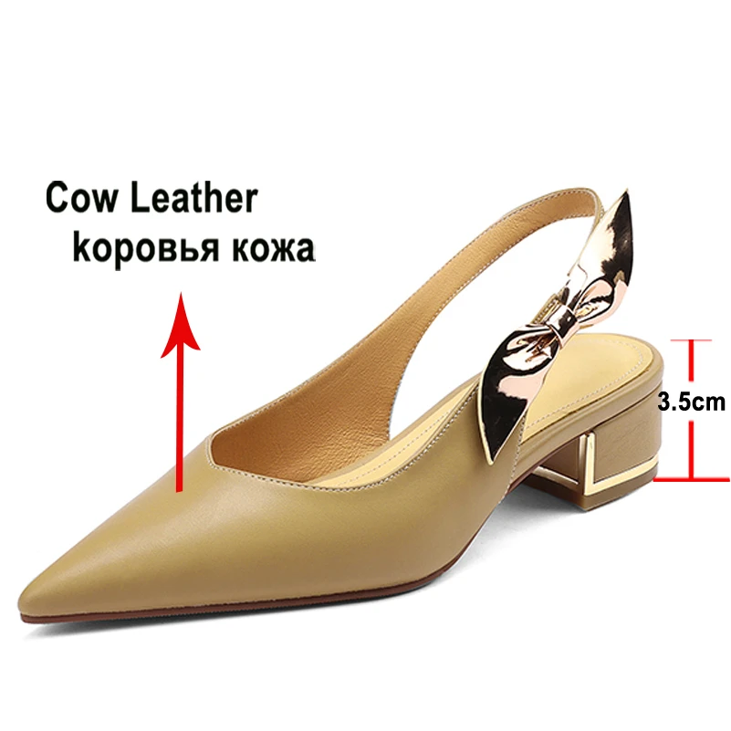 Meotina Women Genuine Leather Pointed Toe Chunky Mid Heel Slingbacks Pumps Bow Shallow Concise Heels Ladies Autumn Shoes Apricot