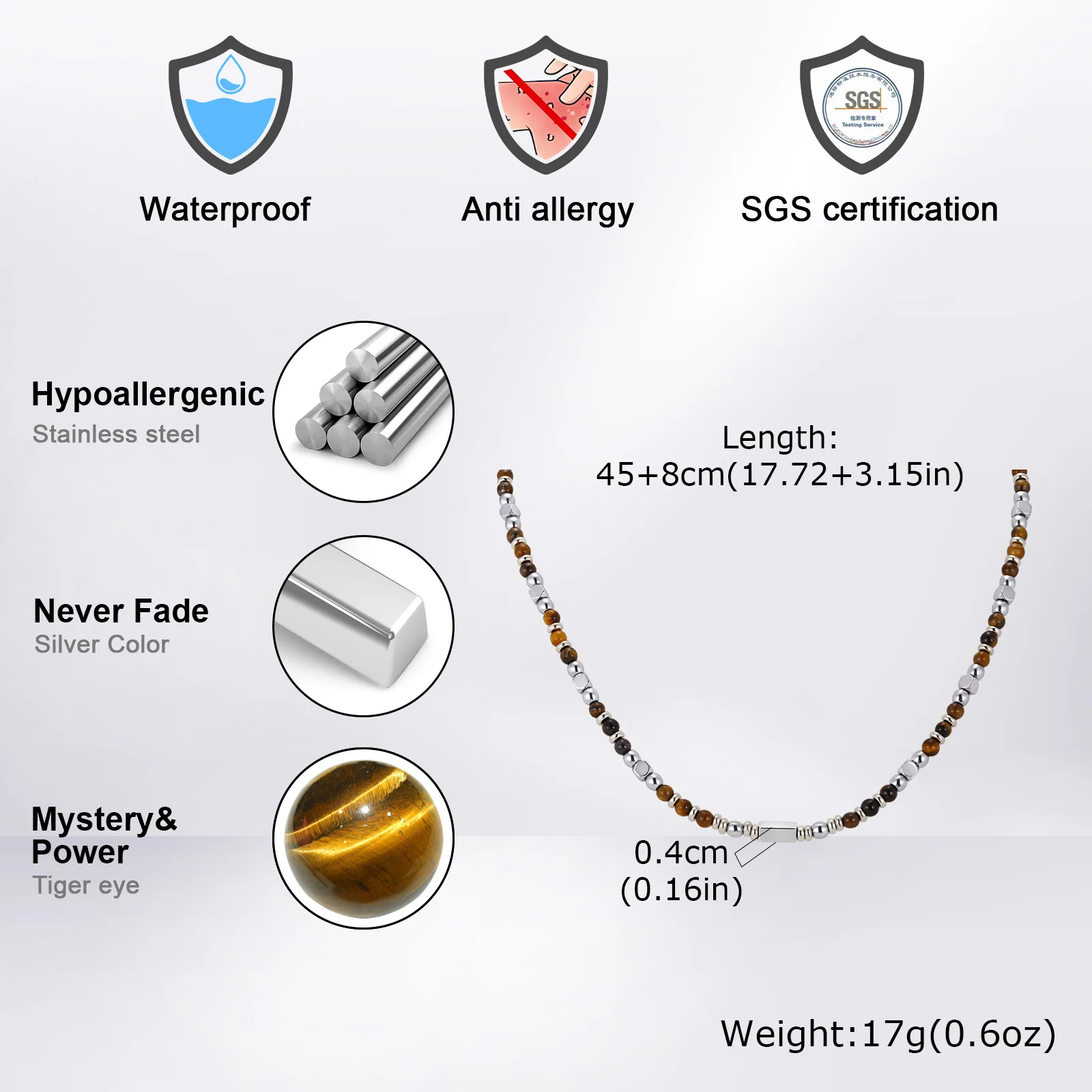 Vnox Stainless Steel Natural Stone Beaded Necklace for Men Women, Trendy Charm Choker, Bohemia 45-53cm Adjustable Length Jewelry - view 4