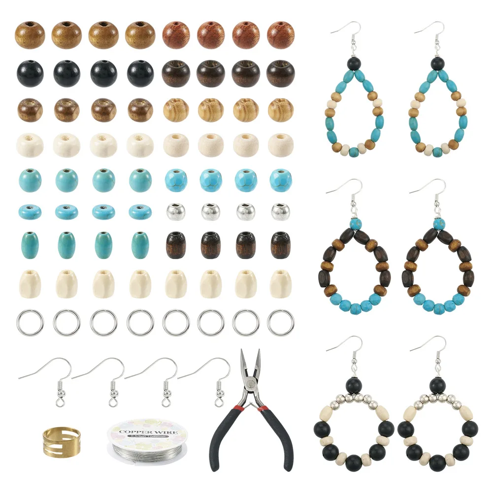 

Earring Making Kit Wood Synthetic Turquoise Beads With Earring Hooks Copper Wire for Women DIY Jewelry Dangle Earrings Findings