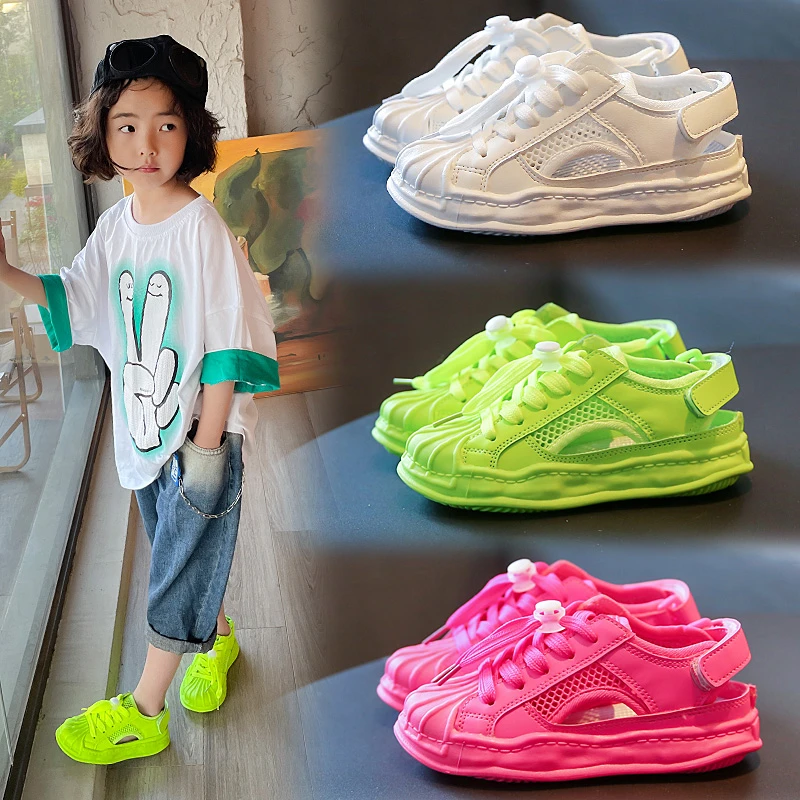 Ragazzi ragazze sandali estate nuovo verde fluorescente maglia traspirante scarpe sportive per bambini rosa rossa morbida bambini sandali sportivi