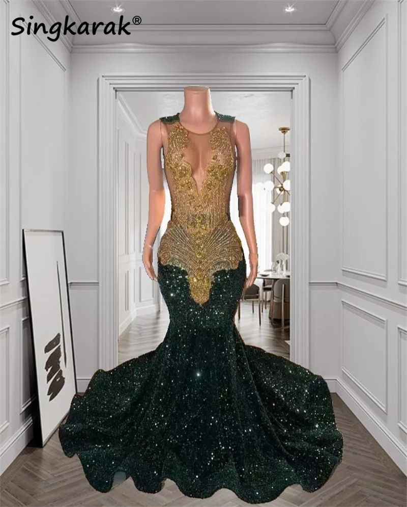 

Sparkly Green Long Prom Dress 2024 For Black Girls Gold Beads Rhinestones Sequins Gown Evening Gowns Birthday Party Customized