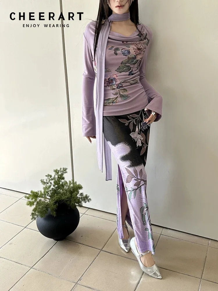 

CHEERART Purple Floral Mesh 2 Piece Sets Woman Outfit Long Sleeve Top And Skirt Two Piece Set Designer Fashion 2025 Woman