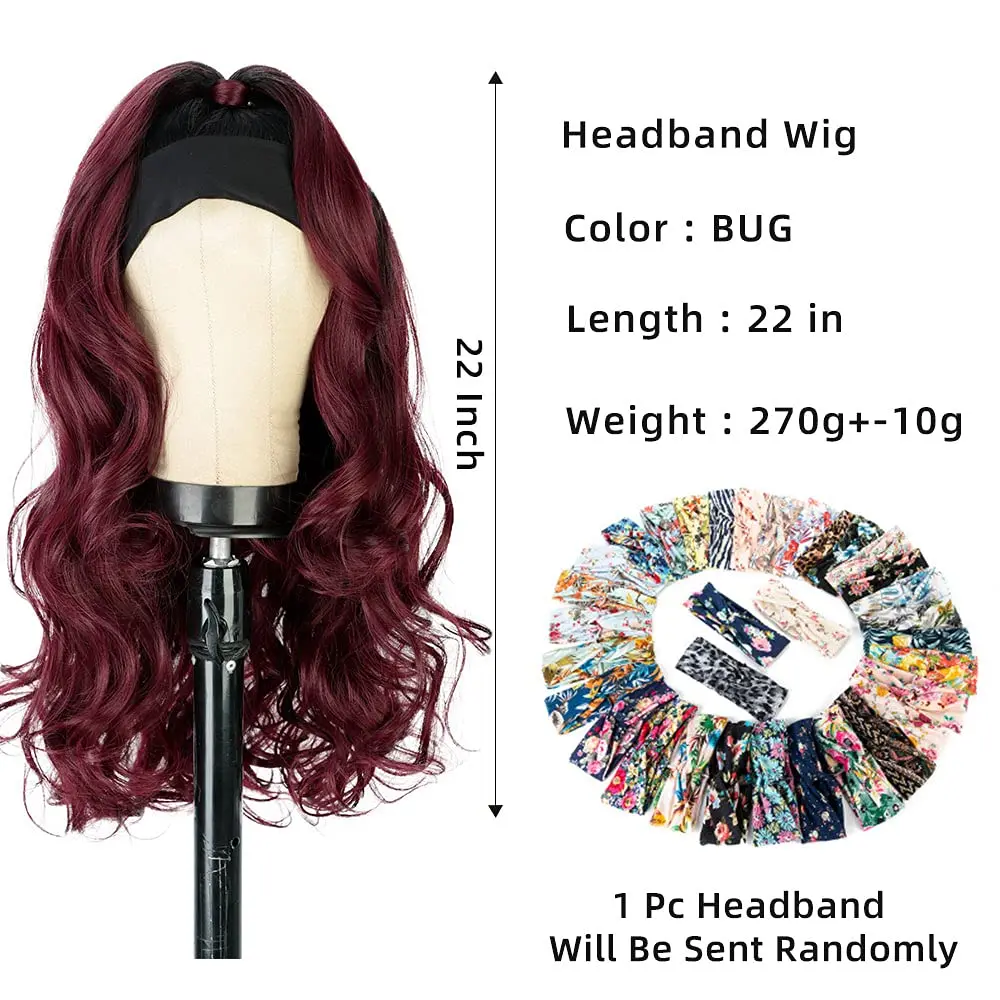 Synthetic 24inch Curly Headband Wigs Gradient Red for Black Women Glueless Wig with Headband Heat Resistant for Daily Use