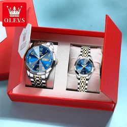 Olevs 9970 Luxe Paar Horloge Mannen Vrouwen Roestvrij Staal Waterdichte Kalender Polshorloge Digitale Wijzerplaat Ruit Spiegel Liefhebbers Horloge