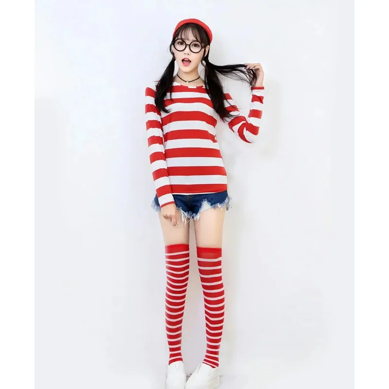 Adultos Hombres Damas Wally Wenda Waldo Disfraz de personaje Traje rojo blanco Semana del libro Vestido de lujo Incluye camisa Sombrero Gafas