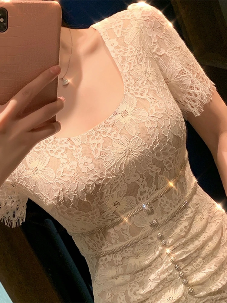 

Потрясающая белая юбка-обертка с разрезом из растворимого кружева Dr Ele, с завышенной талией, из полиэфирного волокна, с застежкой-молнией, H-образный силуэт