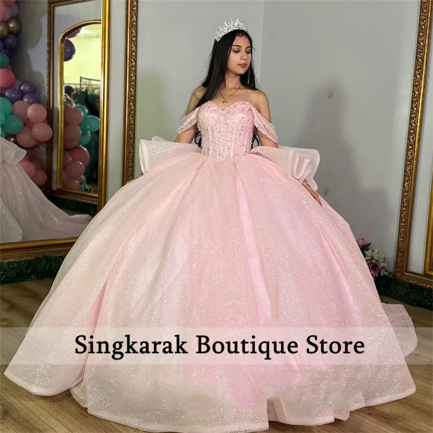 Glitter Pink Princess Quinceanera Dress Off Shoulder Crystals Pearls Beads Tull Sweet 16 Vestidos Ball Gown 15th Birthday