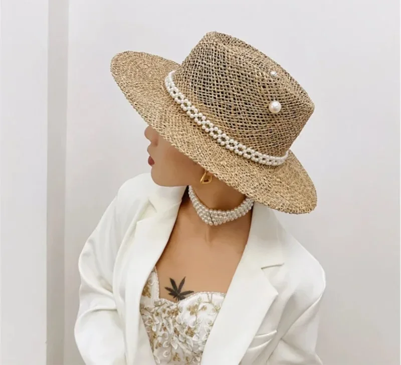 

202502-shi Новая летняя соломенная шляпа с жемчужной булавкой, женская летняя приморская солнцезащитная шляпа с полыми канавками, соломенная шляпа с плоским верхом, сомбреро 여성모자