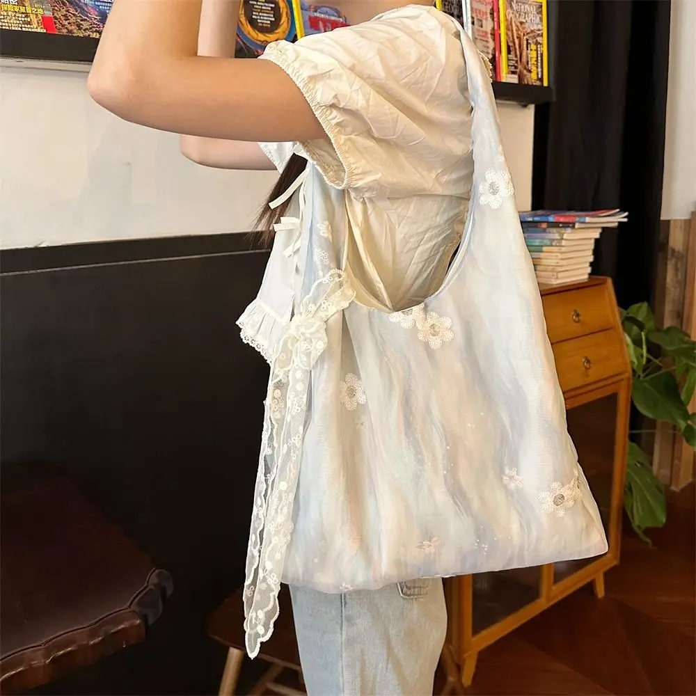 

Fresh Color Flower Embroidery Vest Bag Large Capacity Korean Style Vacation Tote Bag Lightweight Eco Bag with Lace Ribbon