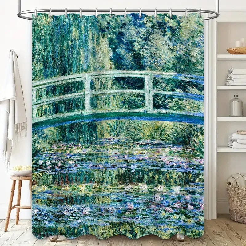 

Художественная занавеска для душа в саду, высококачественный дизайн синего моста для украшения ванной комнаты