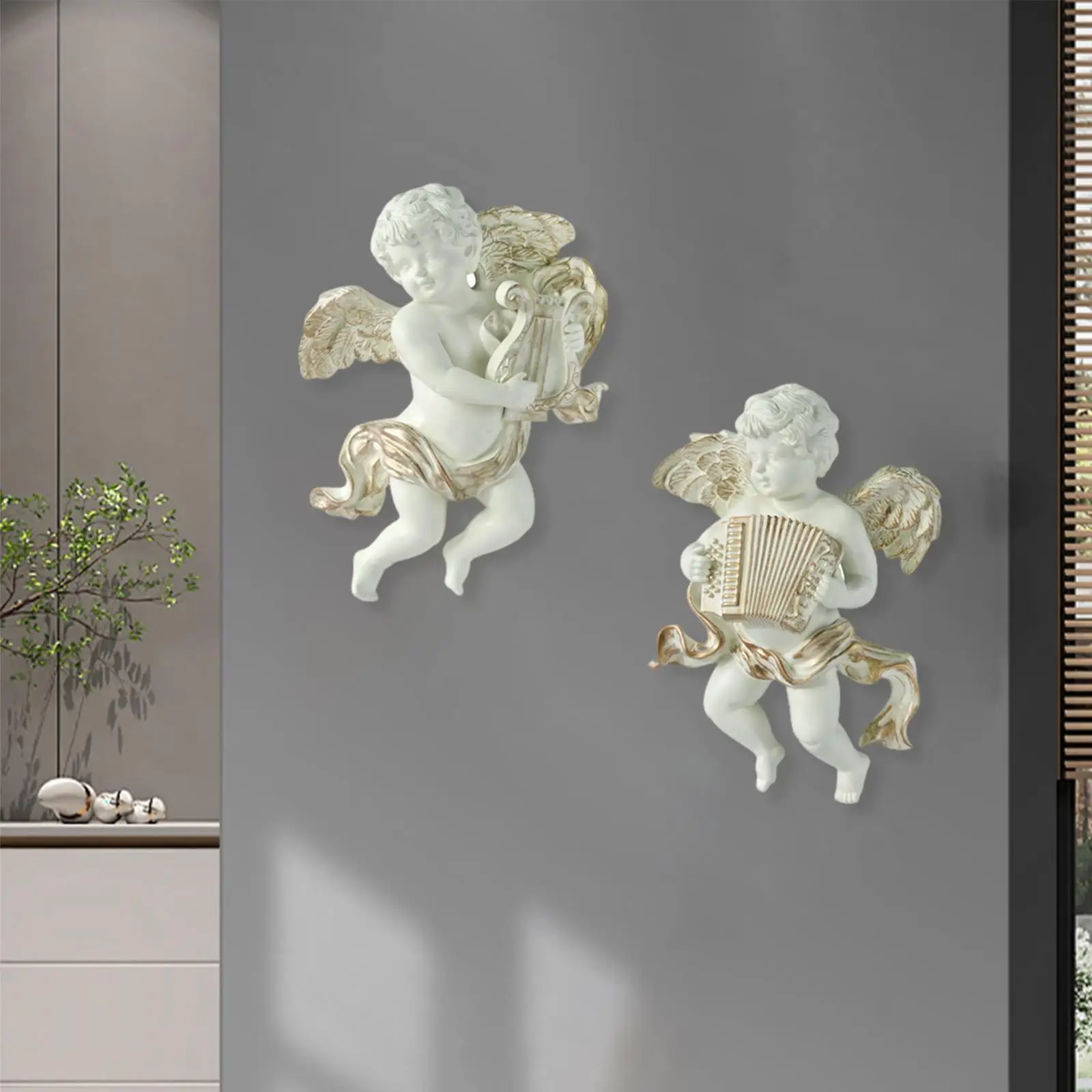 2Pcs Cute Angel Statue Figurines Wall Sculpture Cherub Collectible Collections Art Works Baby Resin Crafts for Porch Bedroom