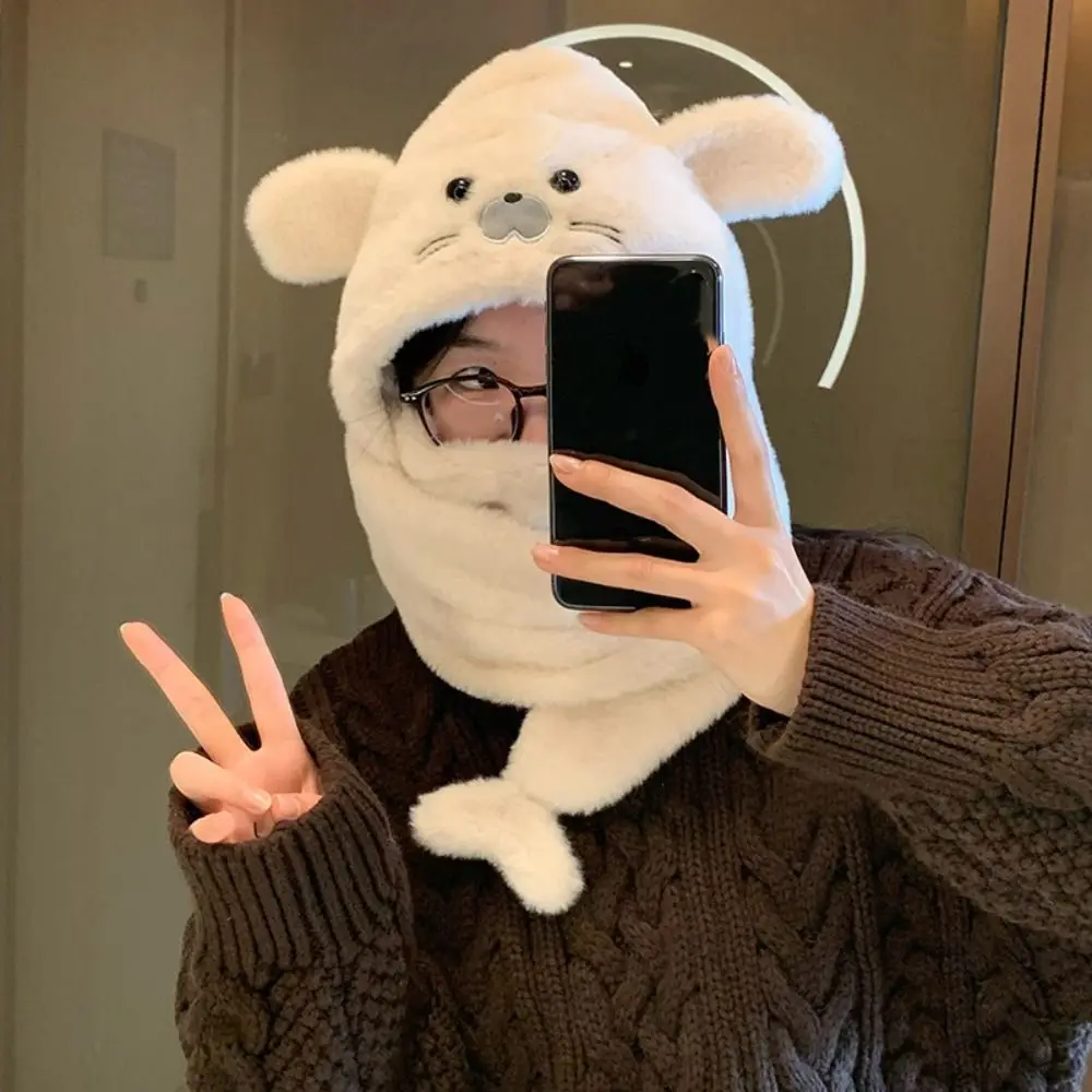 Niedlicher Fleece-Schal mit Kapuze, 3-in-1-Design, niedliche Maske, Pullover-Mütze, warme, weiche Mütze mit Ohrenschutz, Streetwear – Detail 2