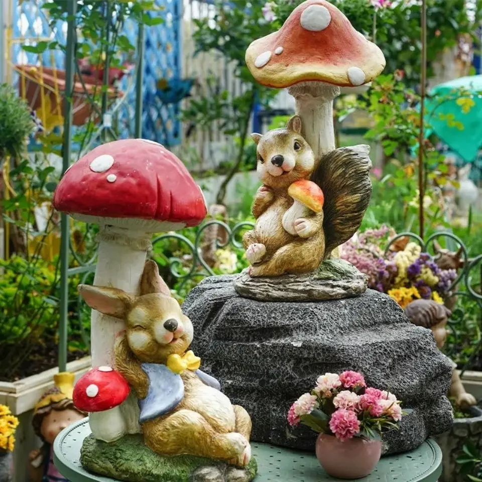 Solar Cartoon Animal Mushroom Squirrel Rabbit Cement Ornament Balcony Outdoor Garden Figurines Crafts Park Layout Lawn Sculpture