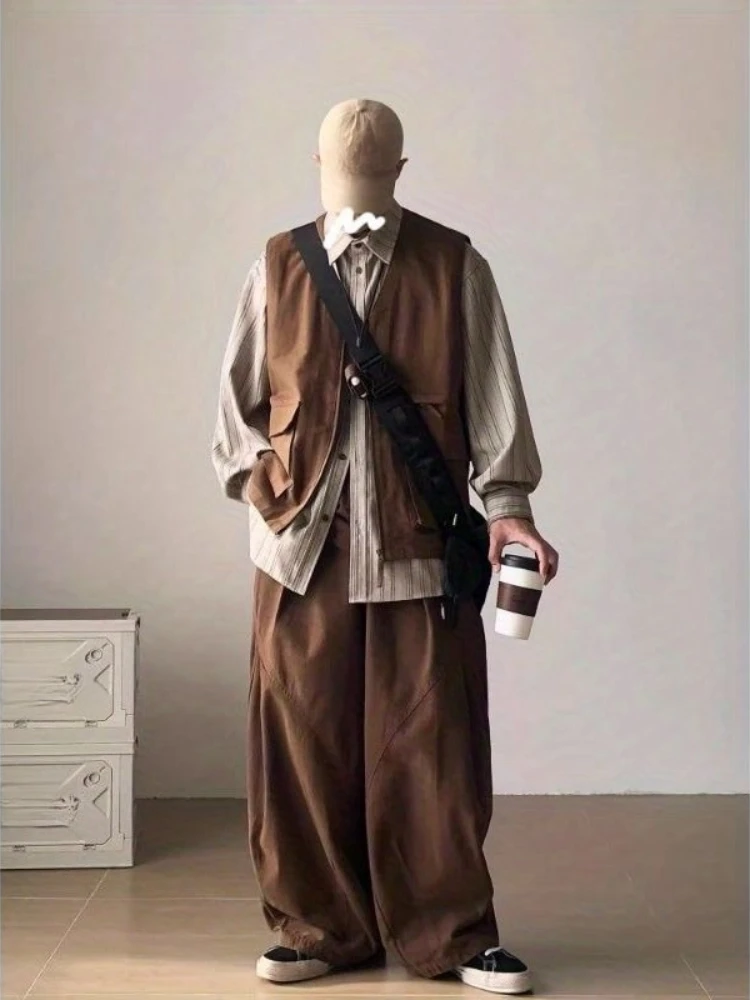 

Men's Vintage Japanese Style Work Vest 2pcs Set or Single Unisex Layered Casual Jacket for Spring Autumn