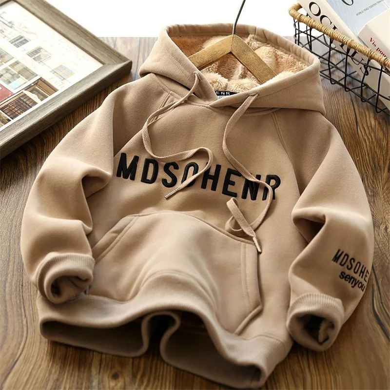 2023 Winter Kids Hoodies Boys Fashion Letter Sweatshirts Thicken Plus Velvet Warm Tracksuit Children Autumn Winter Clothing