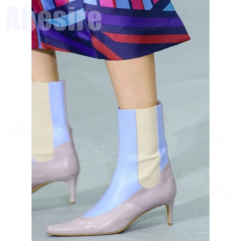 

Mixed Color Pointed Toe Mid Calf Runway Boots Slip On Women Shoes Thin High Heels Party Banquet Dating 2024 Zapatos Para Mujere