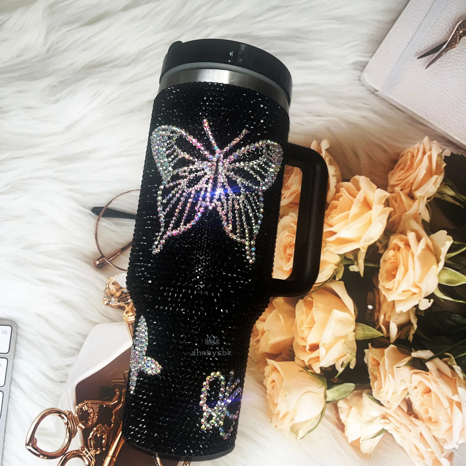 Black Sparkle Rhinestone Decorate AB Crystal Butterfly Stainless Steel 40oz Water Tumbler with Straw for Girls' Luxury Gift