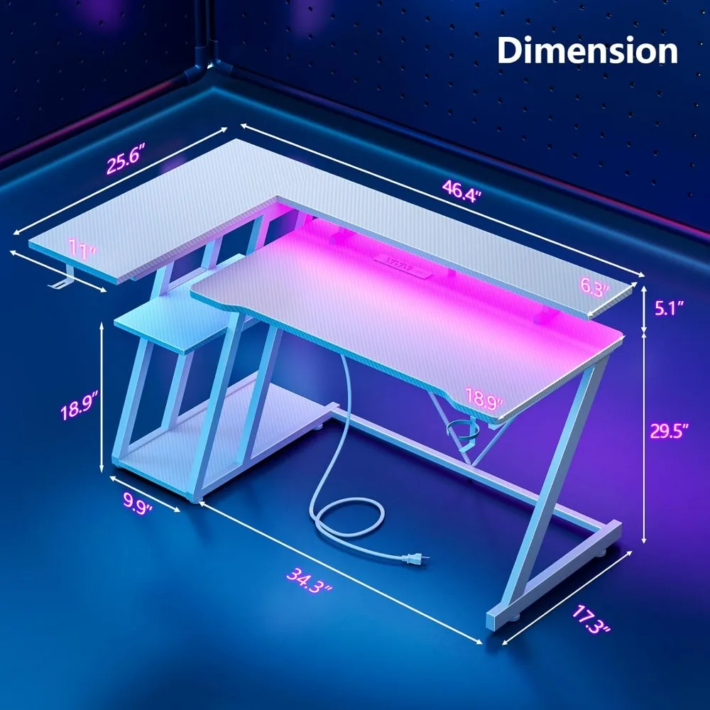 L-Shaped Gaming Desk with LED Lights and 3-Tier Storage, 47 Inch White Corner Computer Desk with Power Outlet