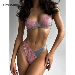 Yimunancy Contrast Color Sheer Lace Lingerie Set Bra + Panty Intimates Fashion Erotic Unique Underwear Set