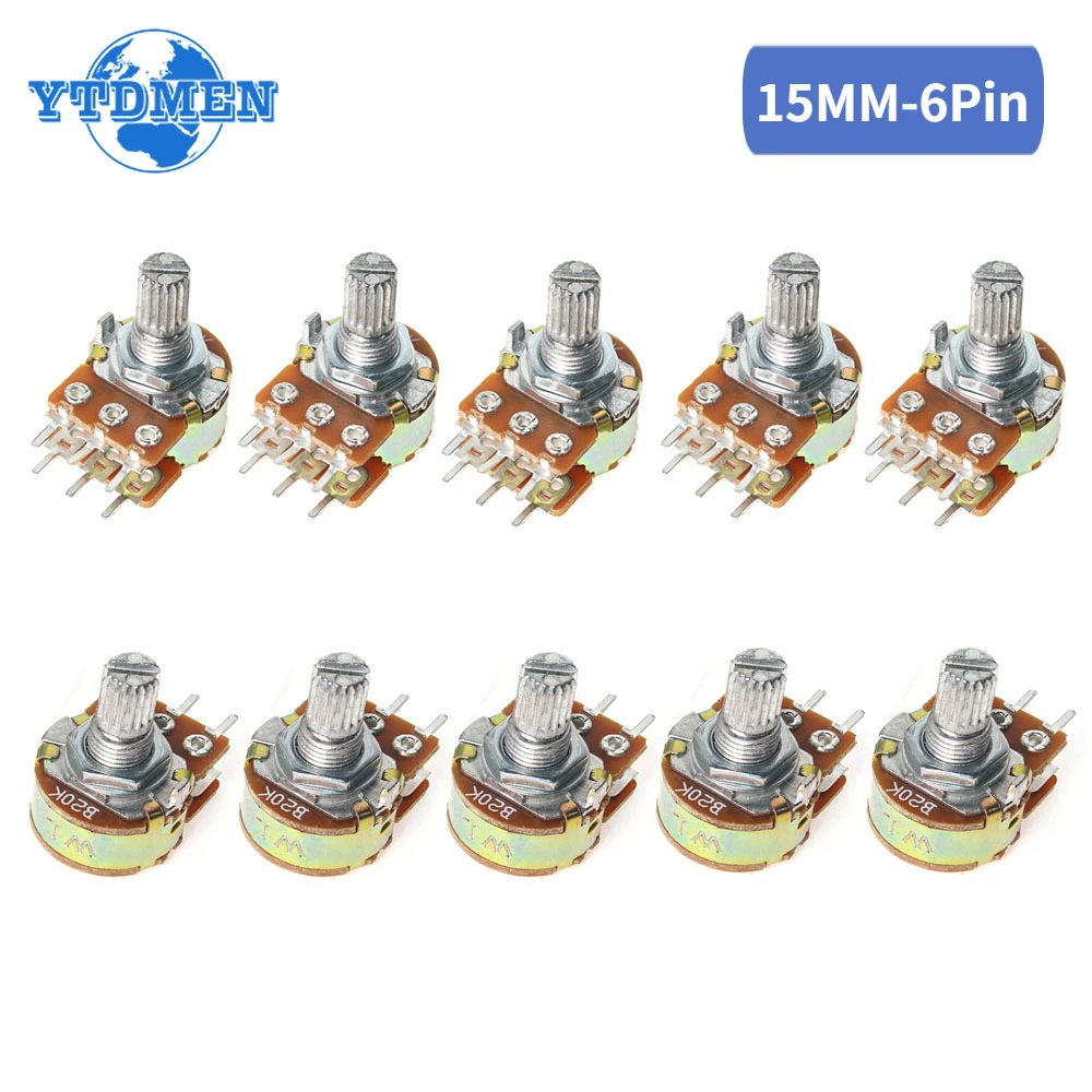 10Pcs WH148 B1K B10K B50K B100K B1M 6Pin Linear Potentiometer 15mm Shaft with Nuts and Washers