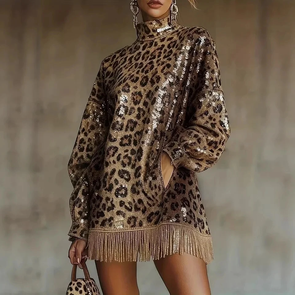 

2026 Autumn Winter New Leopard High Neck Long Sleeve Glitter Fringe Design Short Dress Metallic Color Gloss